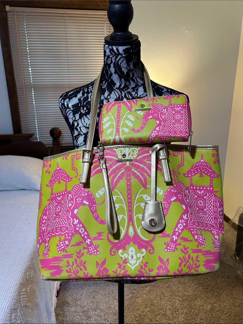 Spartina Tropical Elephant Tote Bag in Pink and Lime with wristlet